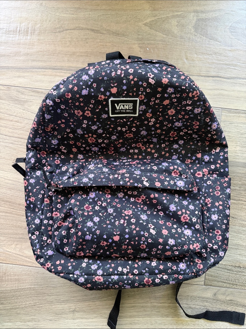 Vans Kids Black Floral Backpack with Pink & Purple Blooms